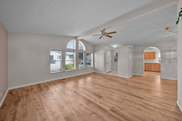 unfurnished living room featuring lofted ceiling with beams, ceiling fan, and light wood-type flooring