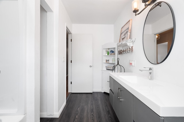 bathroom featuring hardwood / wood-style floors and vanity