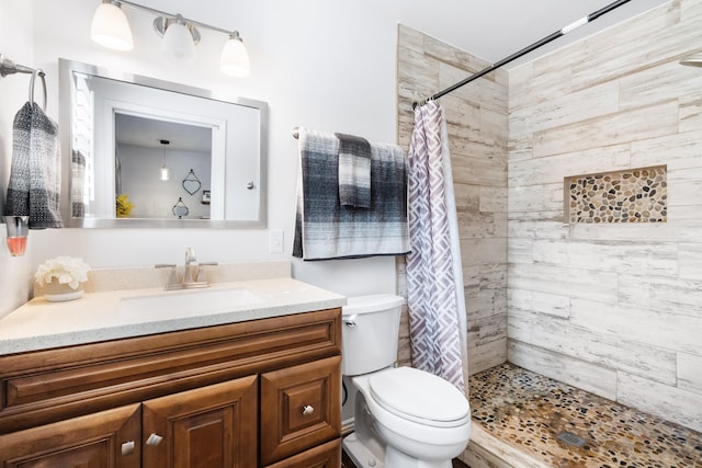 bathroom featuring a shower with curtain, toilet, and vanity