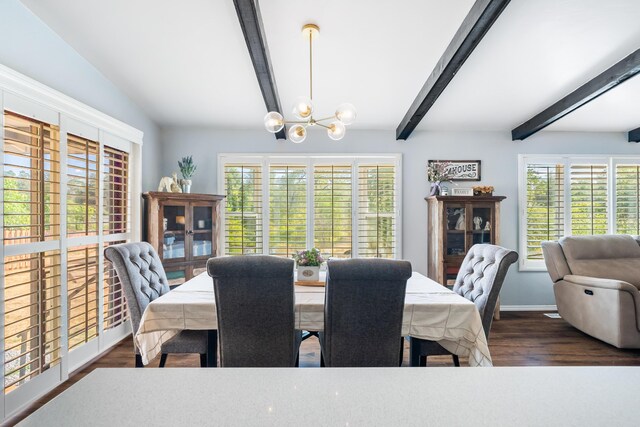 dining room featuring an inviting chandelier, dark hardwood / wood-style floors, and beam ceiling