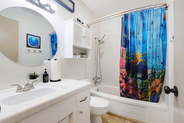 full bathroom featuring vanity, toilet, and shower / bathtub combination with curtain