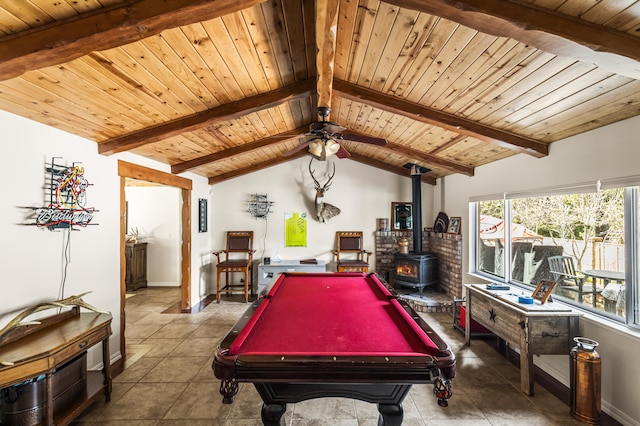 playroom with a wood stove, tile flooring, and wooden ceiling