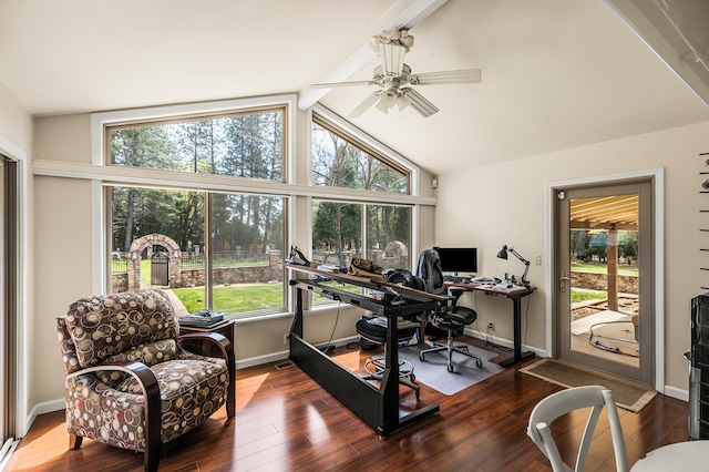 office area with hardwood / wood-style floors, beam ceiling, and a wealth of natural light