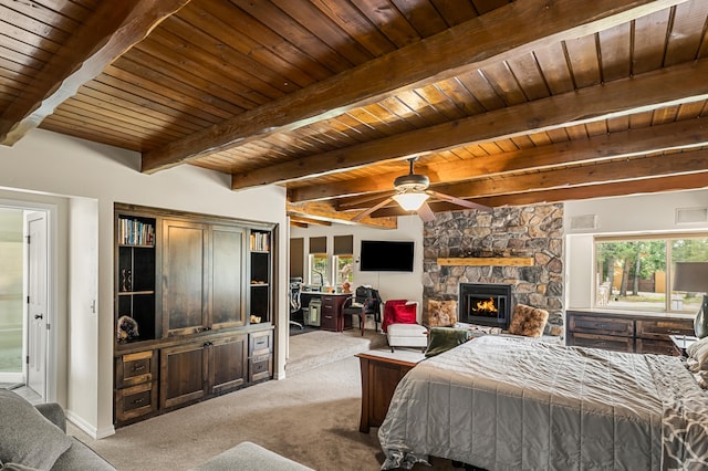 bedroom with carpet flooring, wooden ceiling, and multiple windows