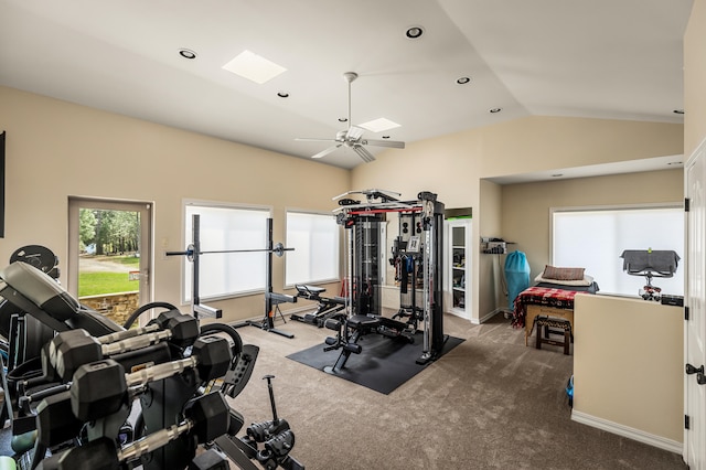 exercise room with ceiling fan, carpet floors, and lofted ceiling