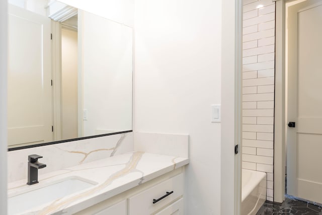 bathroom featuring  shower combination, tile flooring, and vanity