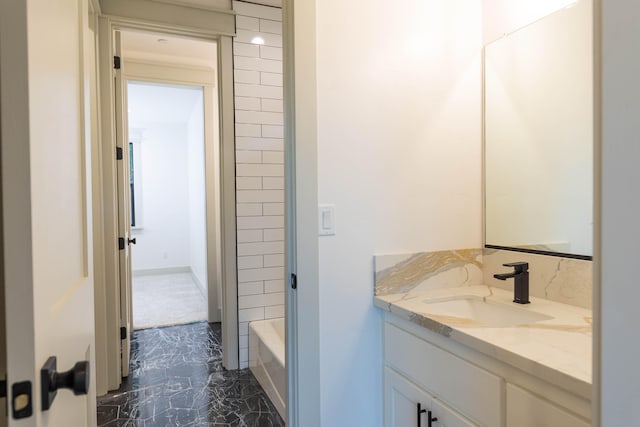 bathroom featuring  shower combination, vanity, and tile floors