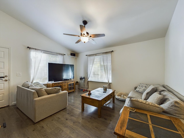 living room featuring dark hardwood / wood-style floors, ceiling fan, and lofted ceiling