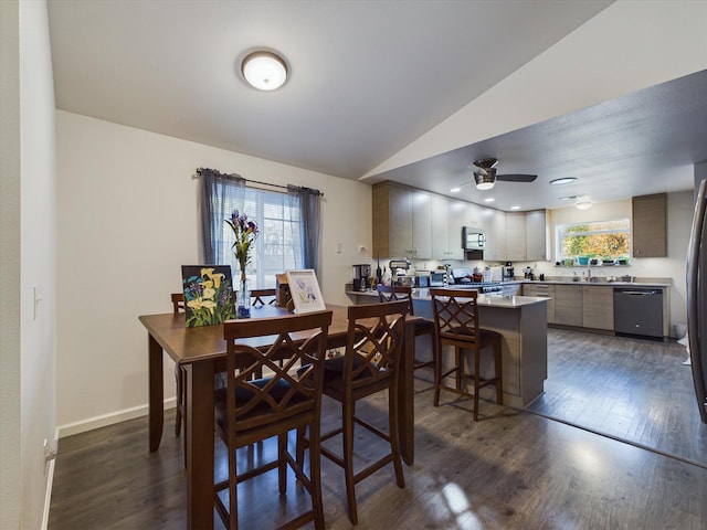 dining space with ceiling fan, dark hardwood / wood-style floors, and lofted ceiling