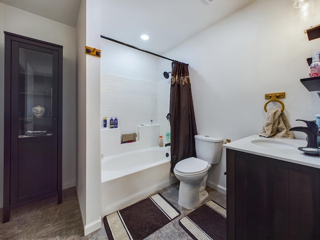 full bathroom featuring tile floors, shower / tub combo, vanity, and toilet