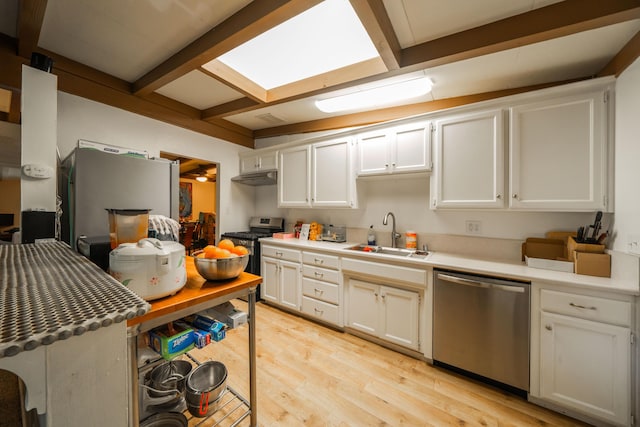 kitchen featuring white cabinetry, sink, stainless steel appliances, and light hardwood / wood-style flooring