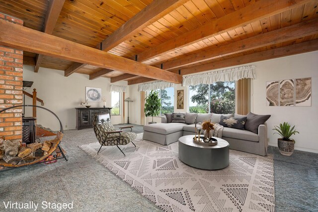 living room with brick wall, light colored carpet, and a healthy amount of sunlight