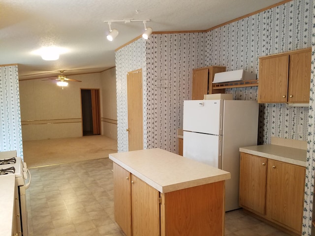 kitchen featuring a textured ceiling, white appliances, track lighting, ceiling fan, and light colored carpet