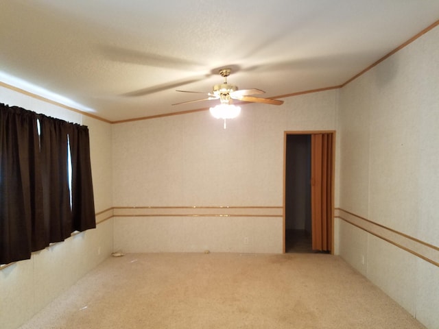 carpeted empty room featuring ornamental molding and ceiling fan