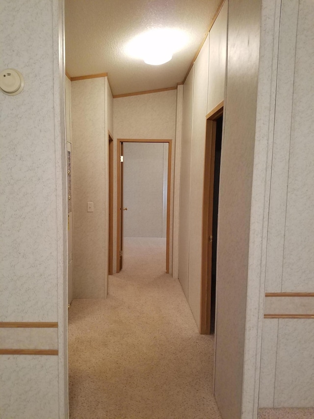 hallway with light carpet and a textured ceiling