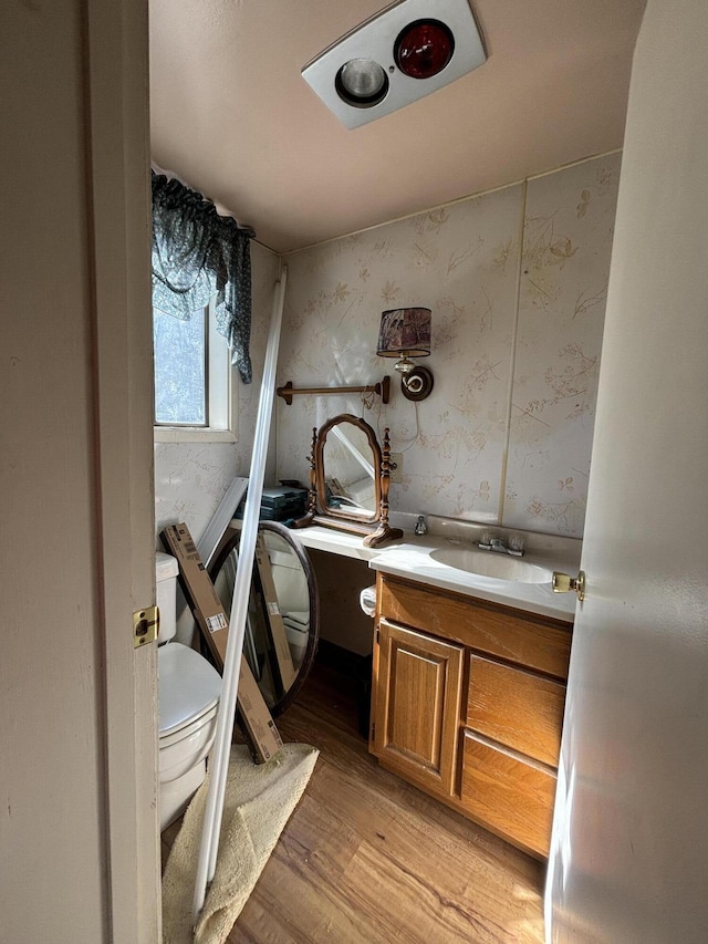 bathroom featuring hardwood / wood-style flooring, vanity, and toilet