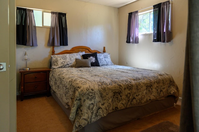 bedroom featuring multiple windows and light carpet