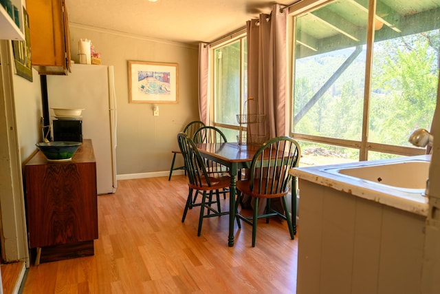 dining room with sink and light wood-type flooring