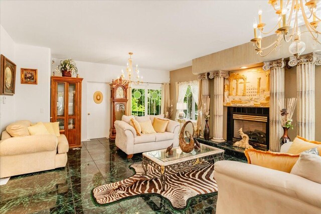 living room with a chandelier