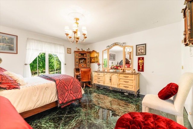 bedroom with a chandelier