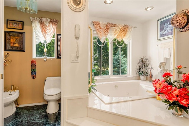 bathroom featuring toilet, a bidet, and a bathing tub