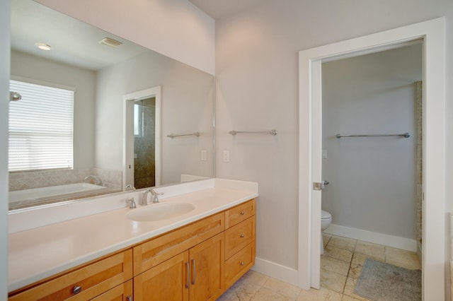 full bathroom featuring tile patterned floors, vanity, toilet, and plus walk in shower