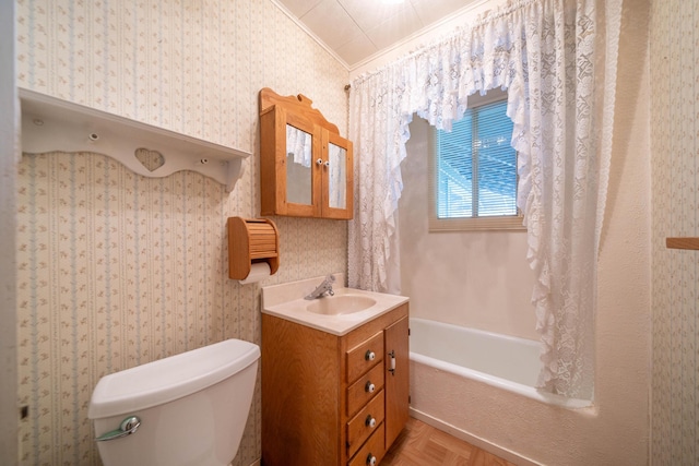 full bathroom with shower / tub combo with curtain, toilet, parquet floors, vanity, and ornamental molding