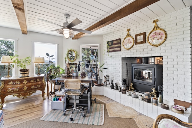 home office featuring beamed ceiling, wood ceiling, plenty of natural light, and hardwood / wood-style floors