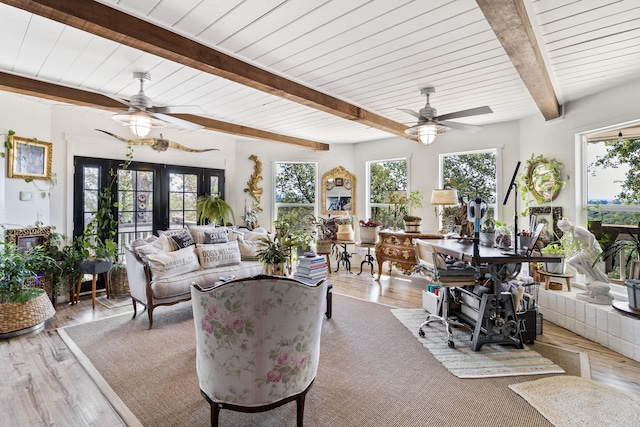 living room featuring ceiling fan, wood ceiling, beam ceiling, and light hardwood / wood-style flooring