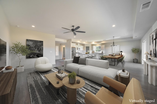 living room featuring recessed lighting, visible vents, ceiling fan, and wood finished floors