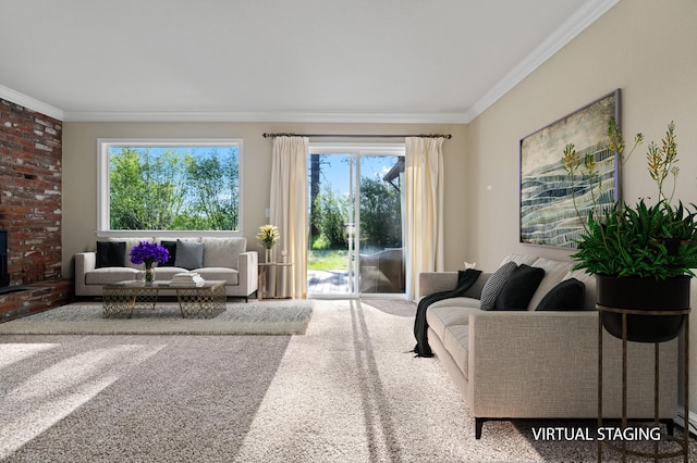 carpeted living room with ornamental molding