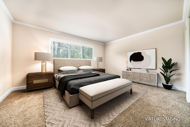 carpeted bedroom with crown molding