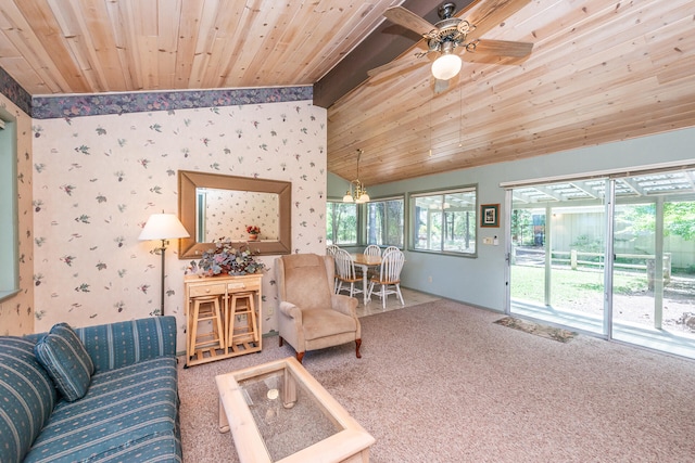 living room with ceiling fan, carpet floors, vaulted ceiling with beams, and wood ceiling