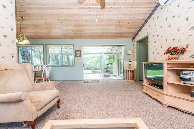 living room with carpet, ceiling fan, lofted ceiling, and wood ceiling