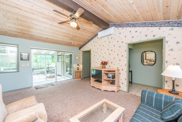 carpeted living room featuring an AC wall unit, ceiling fan, lofted ceiling with beams, and wooden ceiling