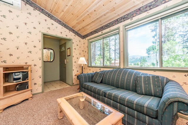 living room featuring vaulted ceiling, carpet floors, and wooden ceiling