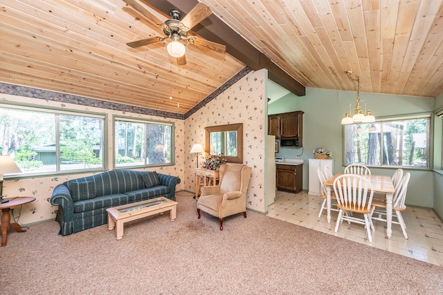 tiled living room with wood ceiling, lofted ceiling with beams, plenty of natural light, and ceiling fan