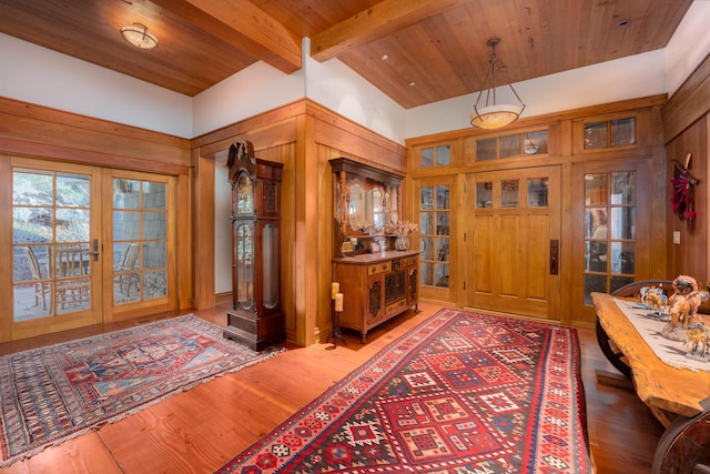 27744 Lee Rd, Mcarthur, CA 96056 - entrance foyer with beamed ceiling, wood finished floors, wooden ceiling, and french doors