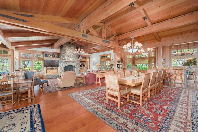27744 Lee Rd, Mcarthur, CA 96056 - dining room featuring a notable chandelier, wood finished floors, a stone fireplace, vaulted ceiling with beams, and wood ceiling