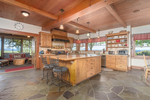 27744 Lee Rd, Mcarthur, CA 96056 - kitchen featuring wooden ceiling, decorative backsplash, custom range hood, and stone tile flooring