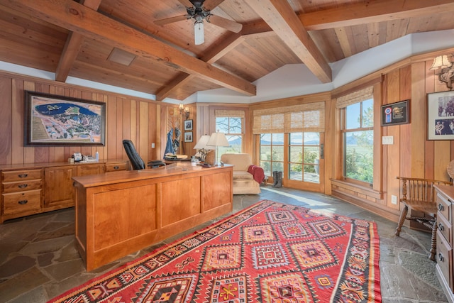 tiled office space featuring wood walls, vaulted ceiling with beams, wood ceiling, and ceiling fan