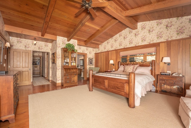 27744 Lee Rd, Mcarthur, CA 96056 - bedroom featuring wallpapered walls, wood ceiling, vaulted ceiling with beams, and wood finished floors