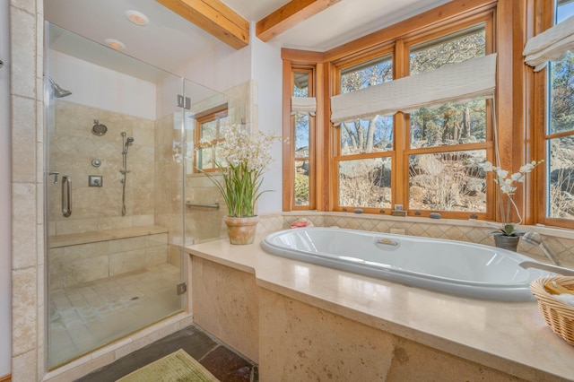 bathroom featuring beamed ceiling, separate shower and tub, and tile patterned floors