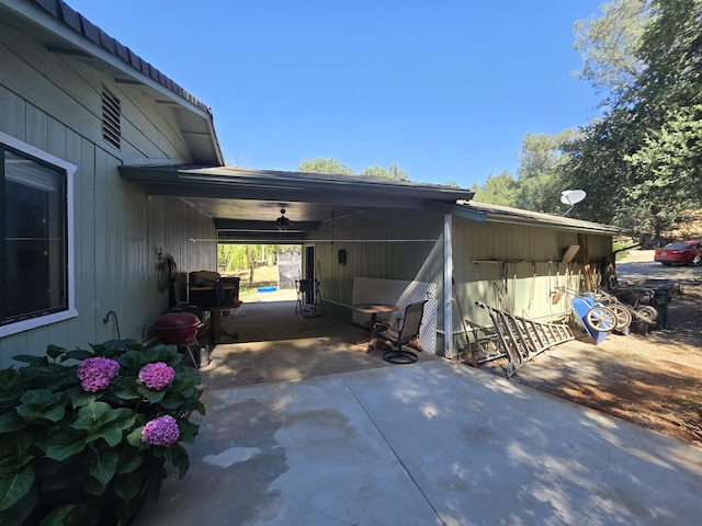 view of property exterior featuring ceiling fan and a patio area