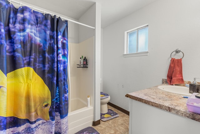 full bathroom featuring toilet, shower / bath combo, and vanity