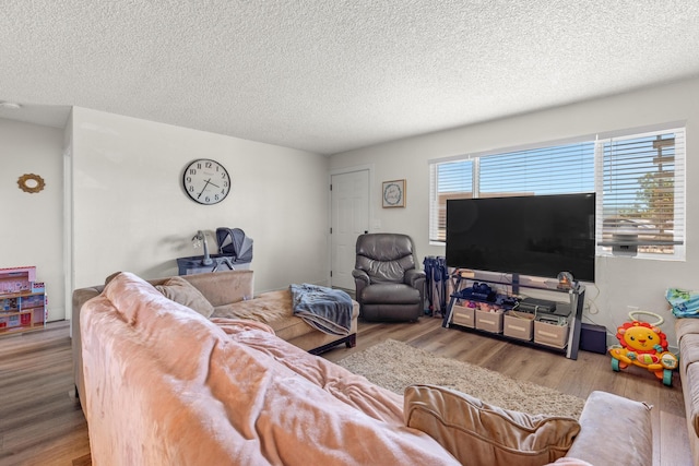 living room with light hardwood / wood-style floors and a textured ceiling