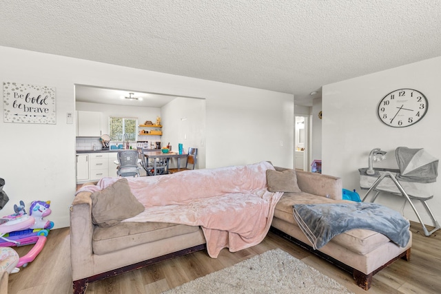 living room with a textured ceiling and light hardwood / wood-style floors