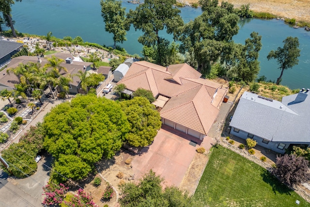 drone / aerial view with a water view