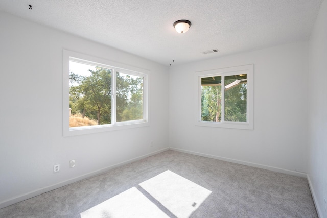 spare room featuring carpet, visible vents, baseboards, and a textured ceiling