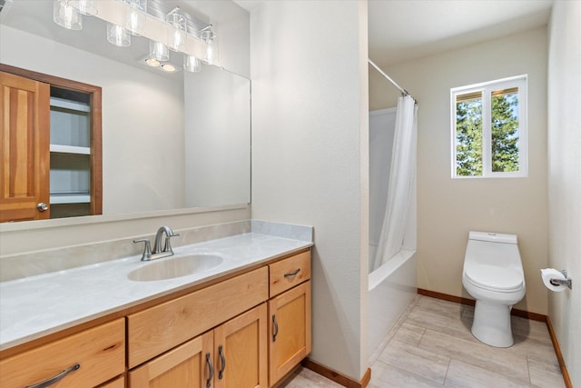 full bathroom with vanity, tile patterned floors, shower / bath combo, and toilet